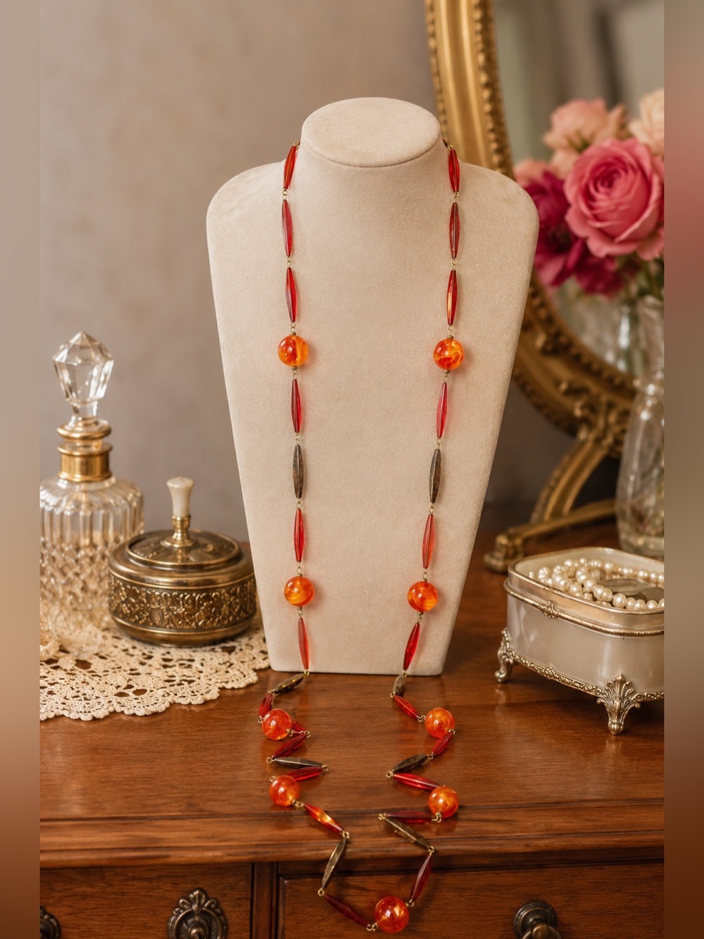 Vintage 26” Red Orange Plastic Beaded Necklace Retro Mod Lucite Style